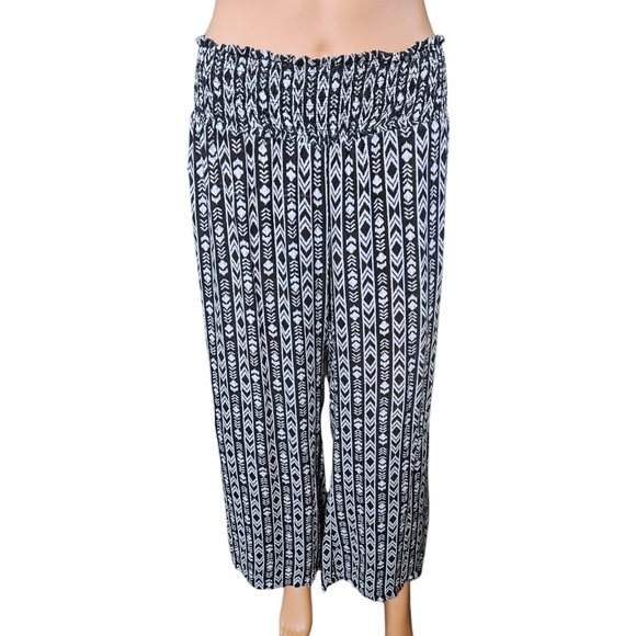 VTG Y2K Aztec Palazzo Pants L Rayon Wide Leg Boho Festival Lagenlook Smocked - Picture 4 of 13
